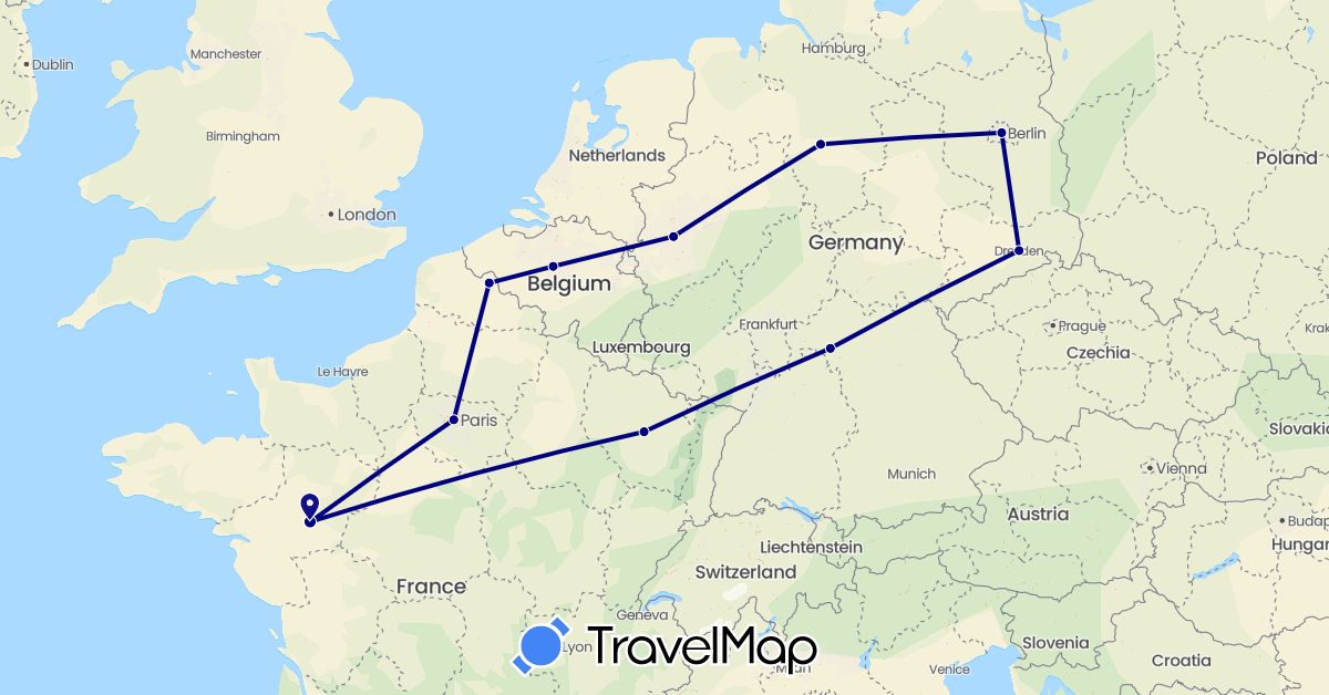 TravelMap itinerary: driving in Belgium, Germany, France (Europe)